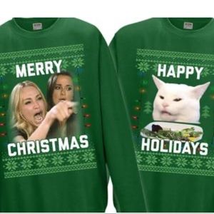 Woman yelling at cat “ugly”funny Christmas sweater